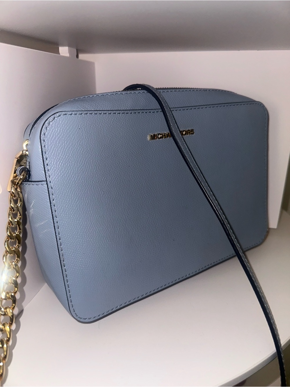 Michael Kors Sky Blue Pebbled Leather Crossbody with Gold Chain